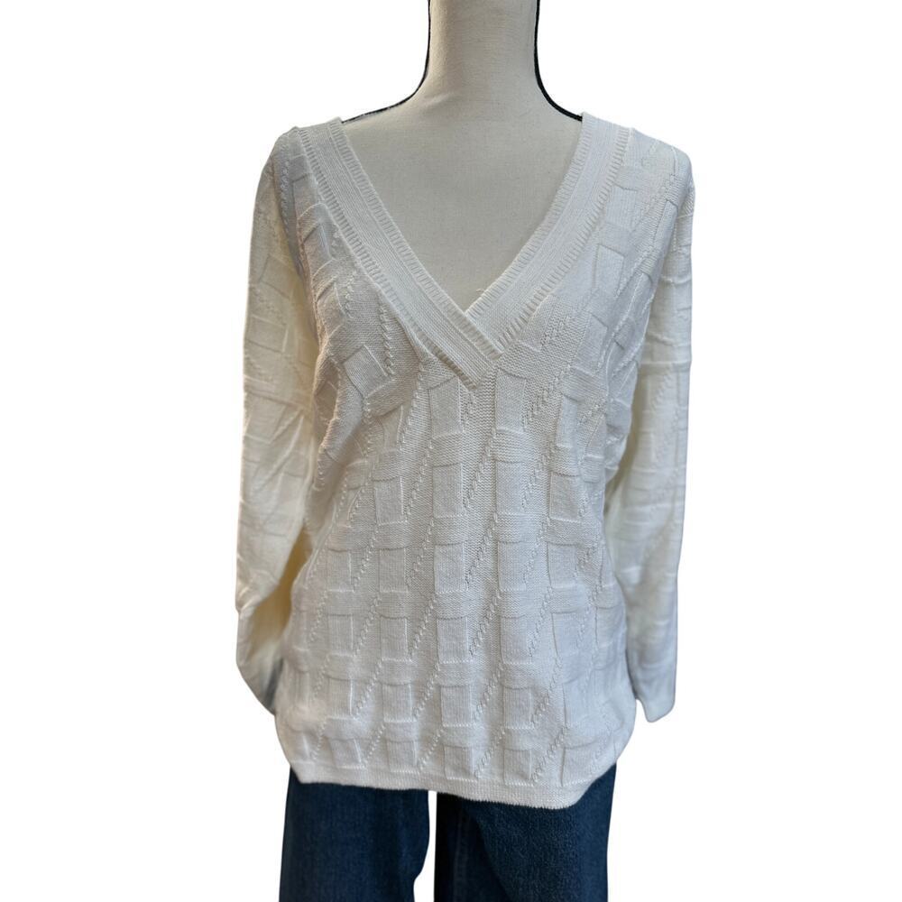 Vintage Women's White Cotton V-Neck Sweater Textured Knit Geometric USA M